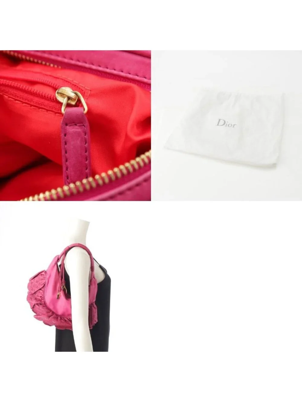 Dior Gypsy Leather Ruffle Hobo Shoulder Handbag Fuchsia Pink